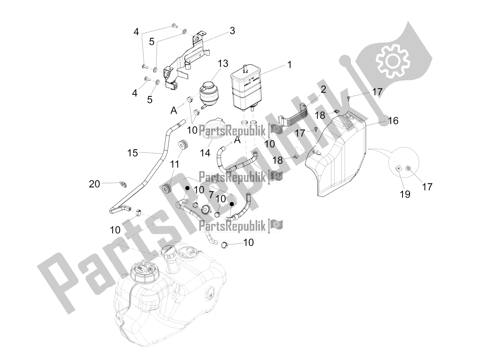 All parts for the Anti-percolation System of the Piaggio BV 350 IE ABS USA / CA 2020