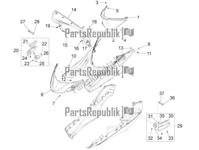 Toutes les pièces pour le Housse Centrale - Repose-pieds du Piaggio FLY 125 4 T/3V IE 2016