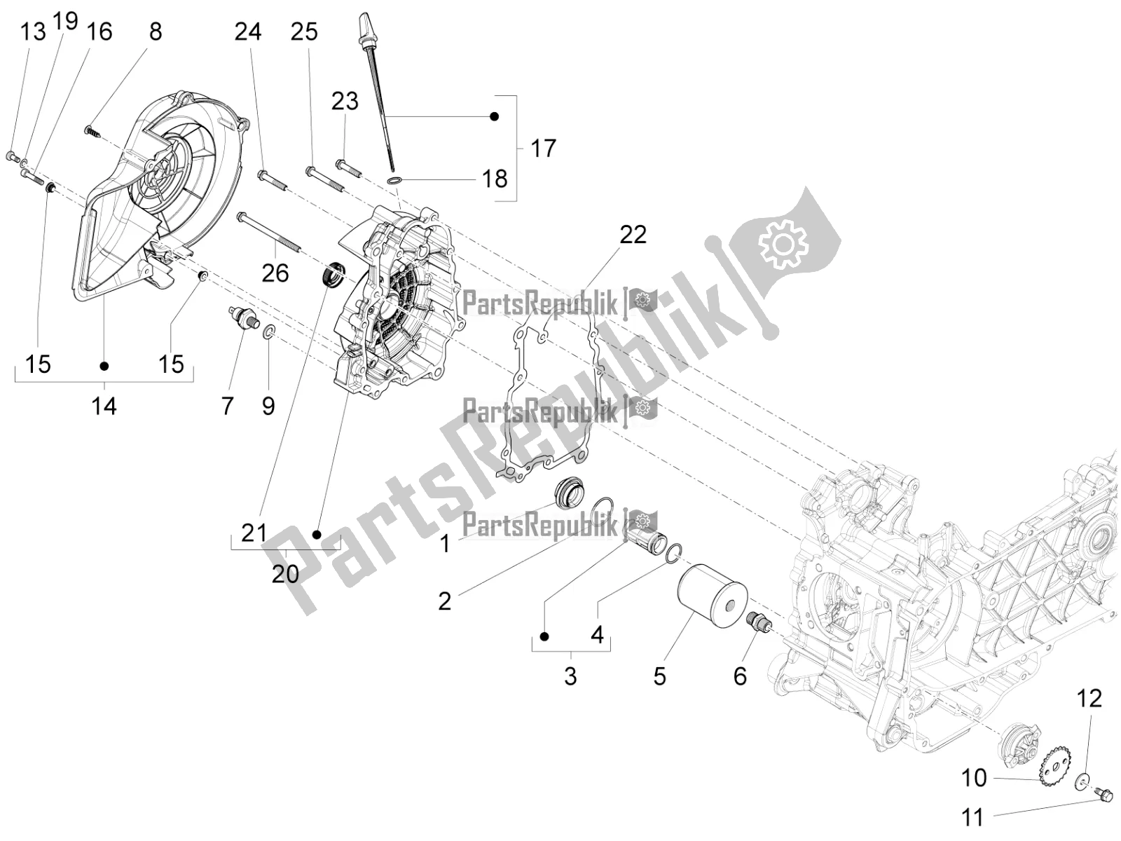 Toutes les pièces pour le Couvercle Magnéto Volant - Filtre à Huile du Piaggio FLY 125 4 T/3V IE 2016