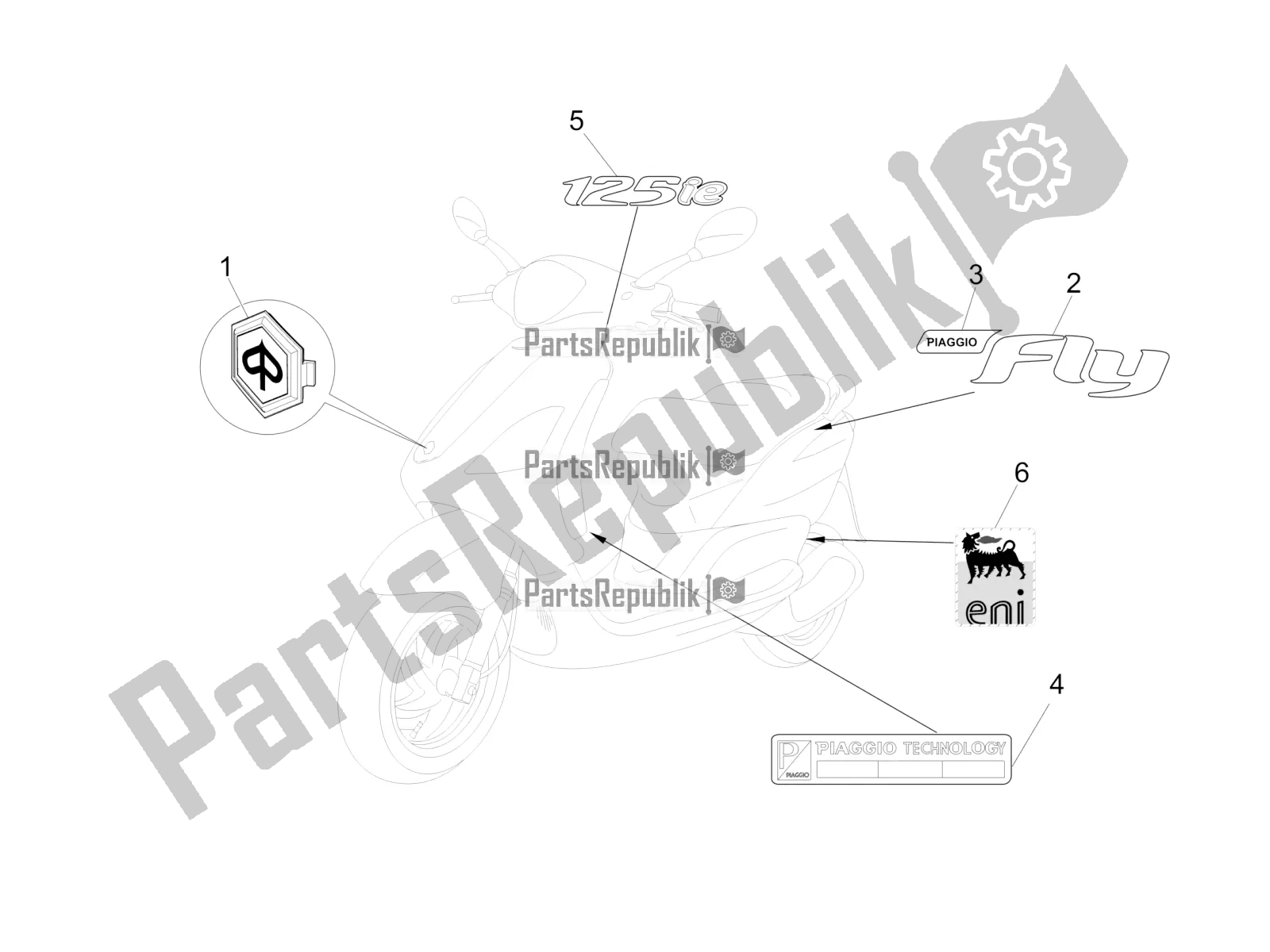 Toutes les pièces pour le Plaques - Emblèmes du Piaggio FLY 125 4 T/3V IE 2016