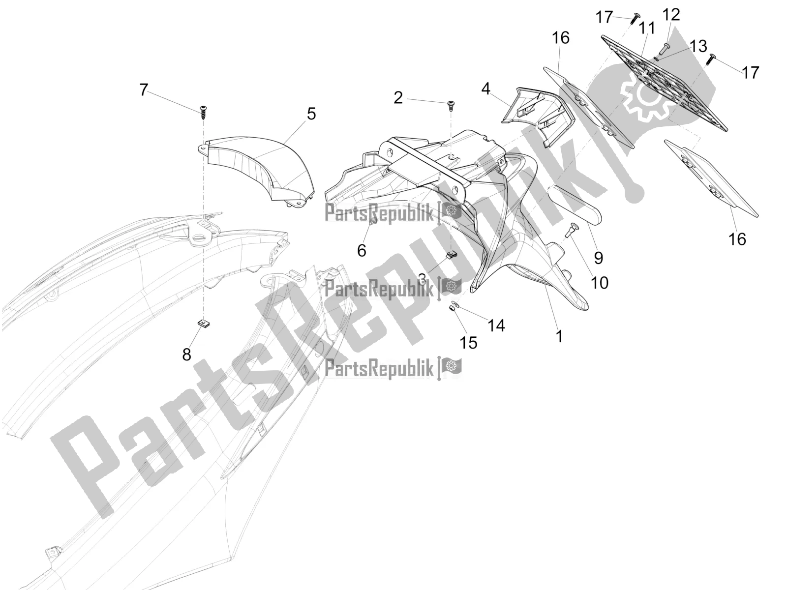 All parts for the Rear Cover - Splash Guard of the Piaggio FLY 125 4 T/3V IE 2016