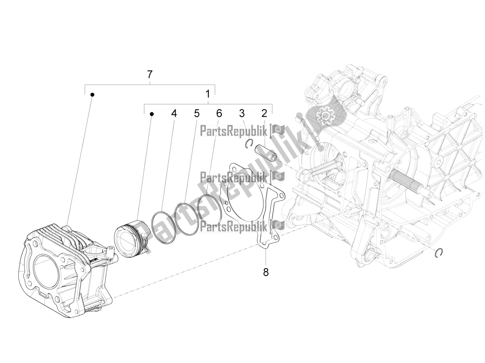 All parts for the Cylinder-piston-wrist Pin Unit of the Piaggio FLY 150 3V IE 2016