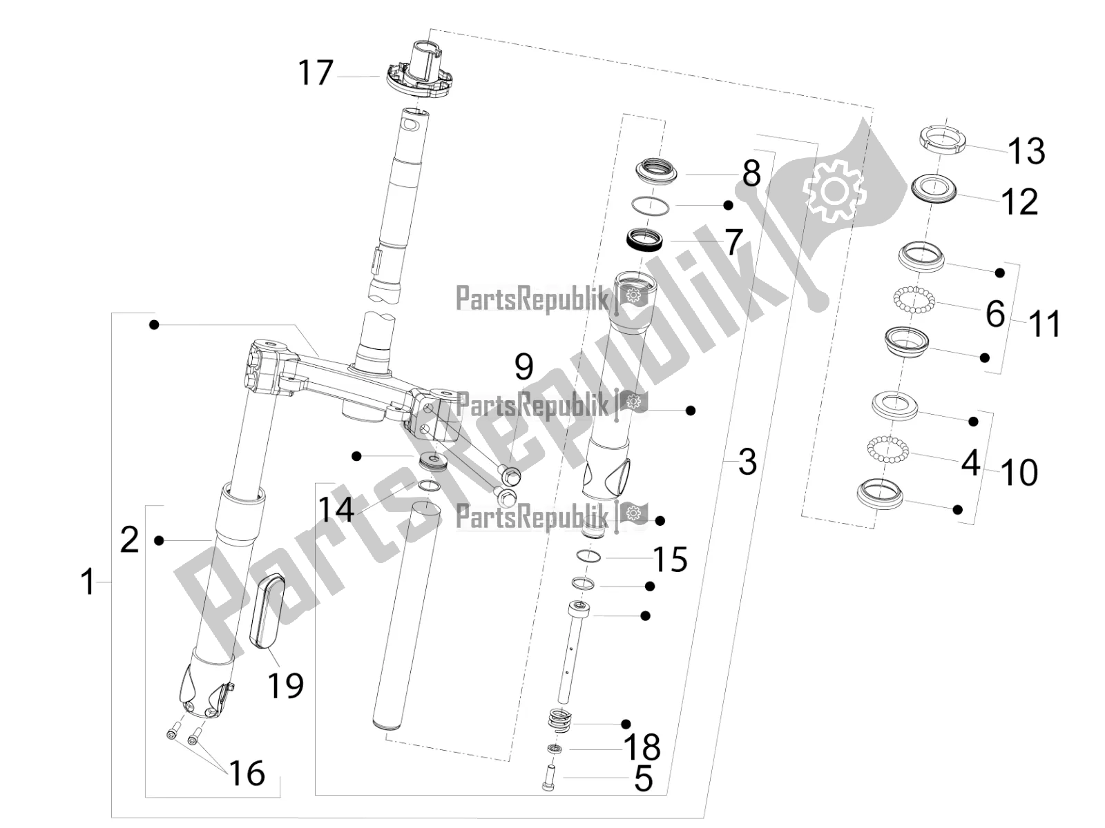 All parts for the Fork/steering Tube - Steering Bearing Unit of the Piaggio FLY 150 3V IE 2016