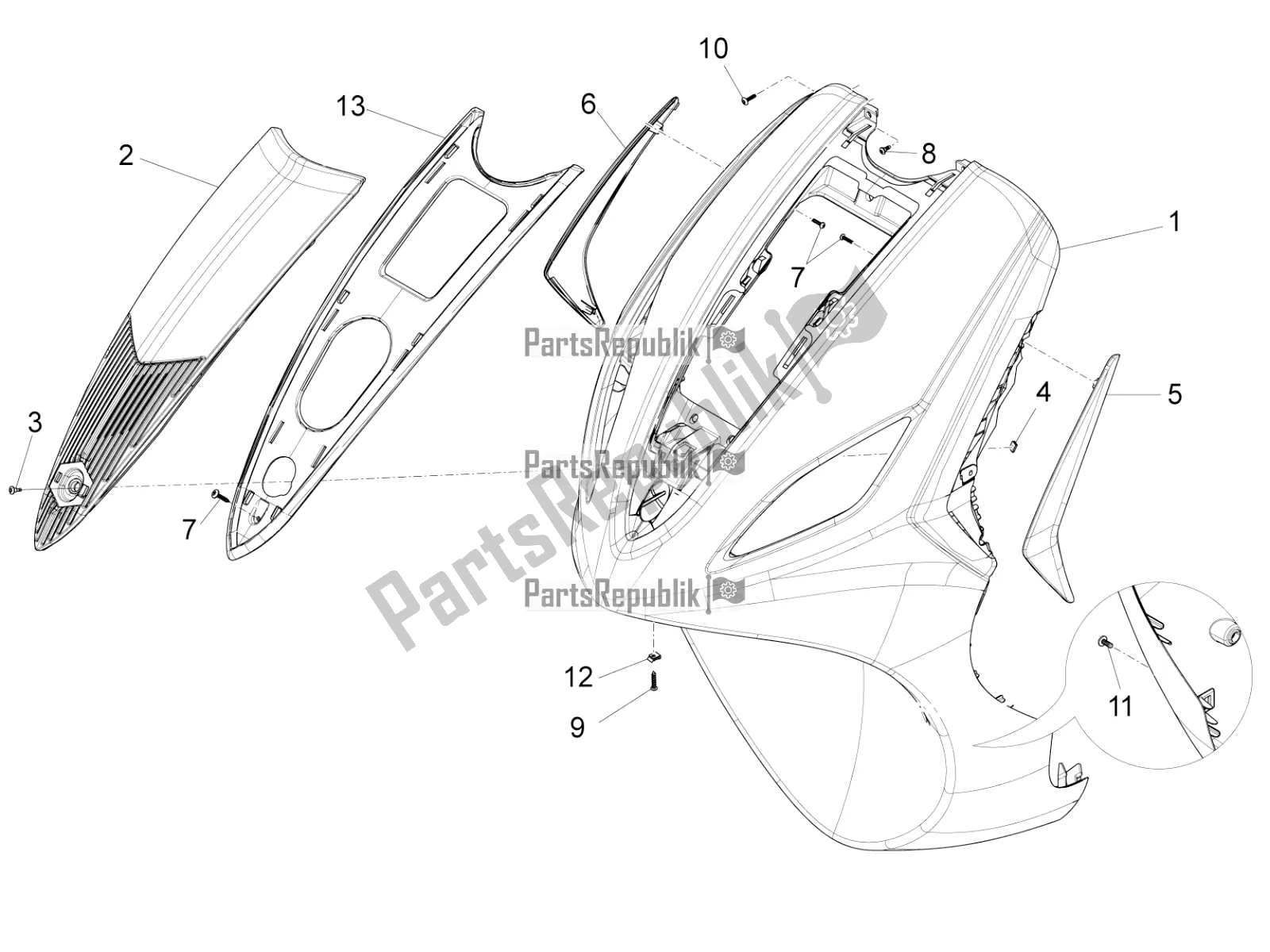 All parts for the Front Shield of the Piaggio FLY 150 3V IE 2016