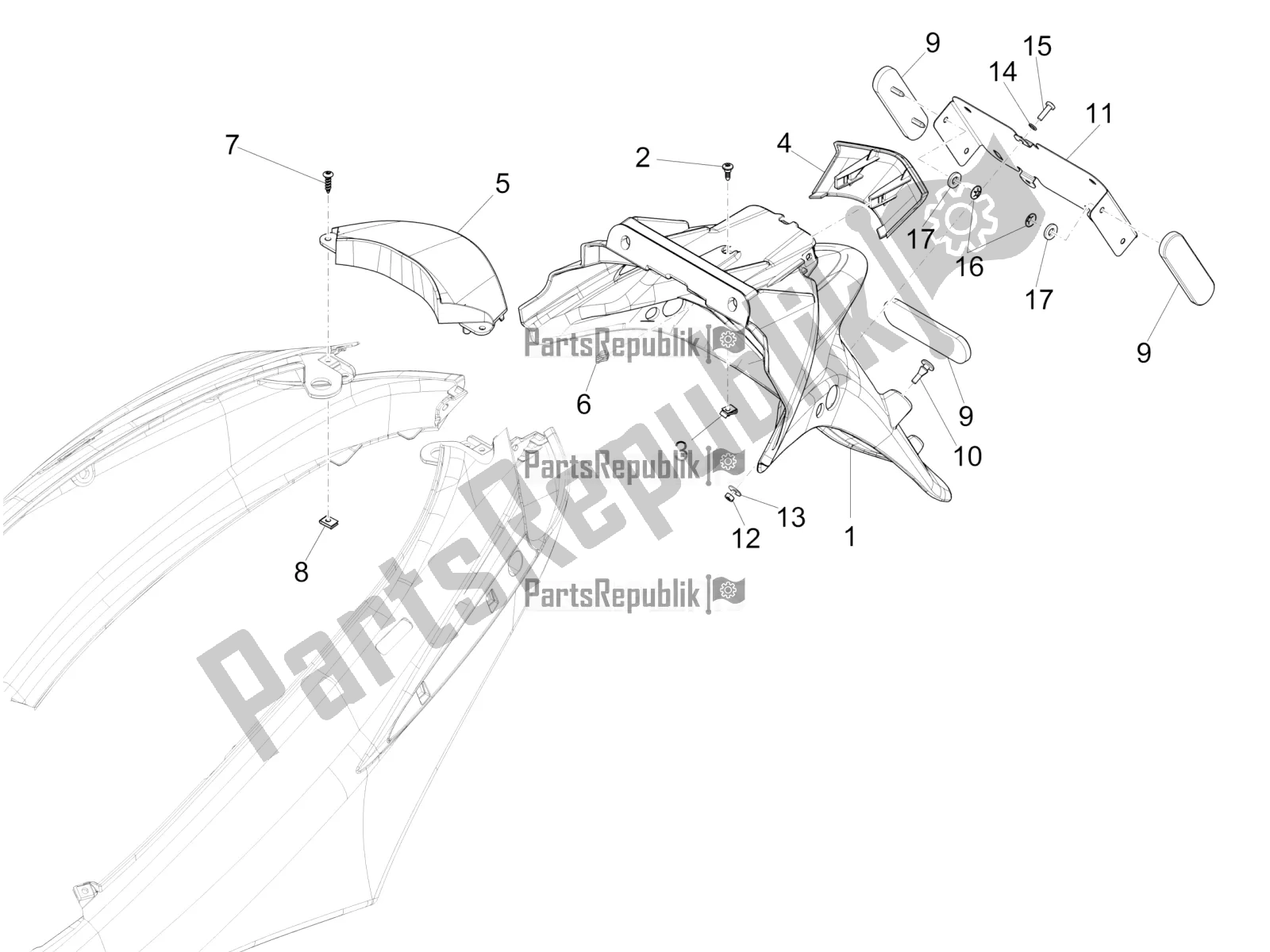 Toutes les pièces pour le Capot Arrière - Protection Contre Les éclaboussures du Piaggio FLY 150 3V IE 2016