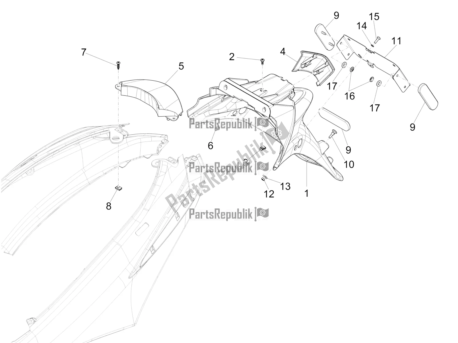 Todas las partes para Cubierta Trasera - Protector Contra Salpicaduras de Piaggio FLY 150 3V IE 2017