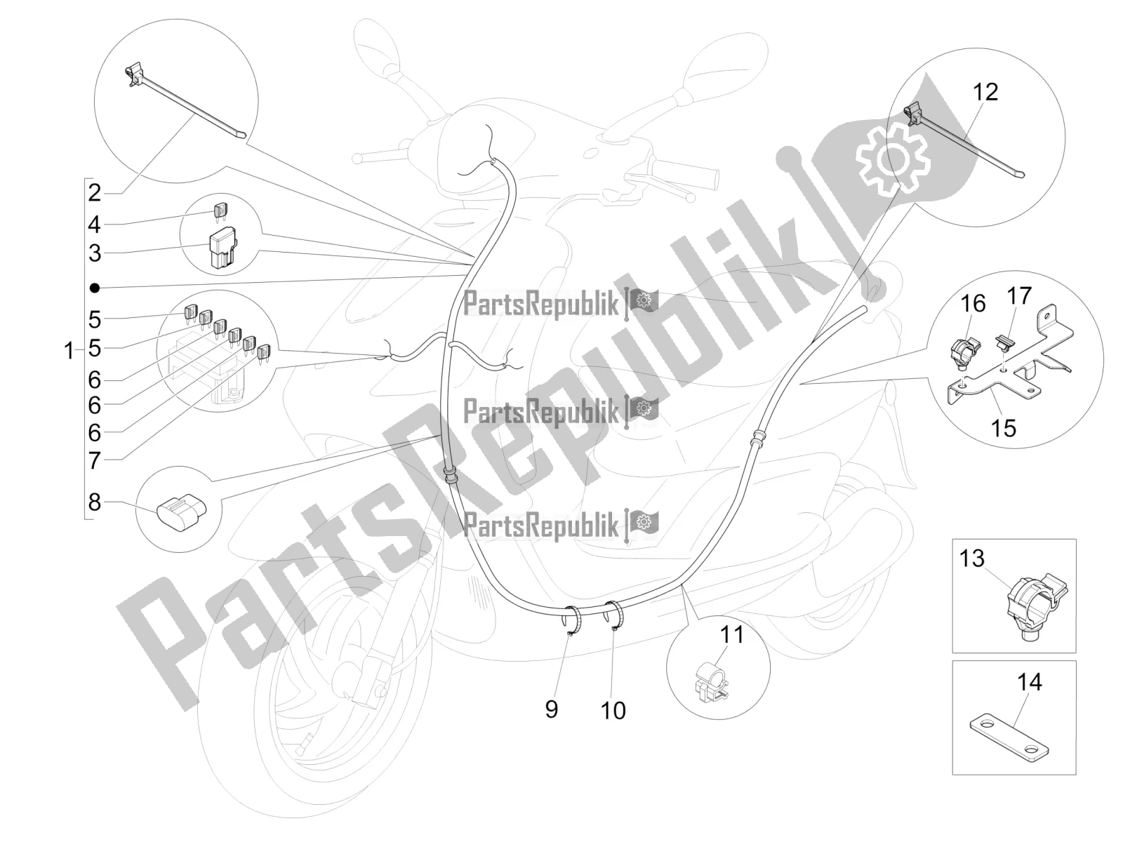 All parts for the Main Cable Harness of the Piaggio FLY 150 3V IE 2018