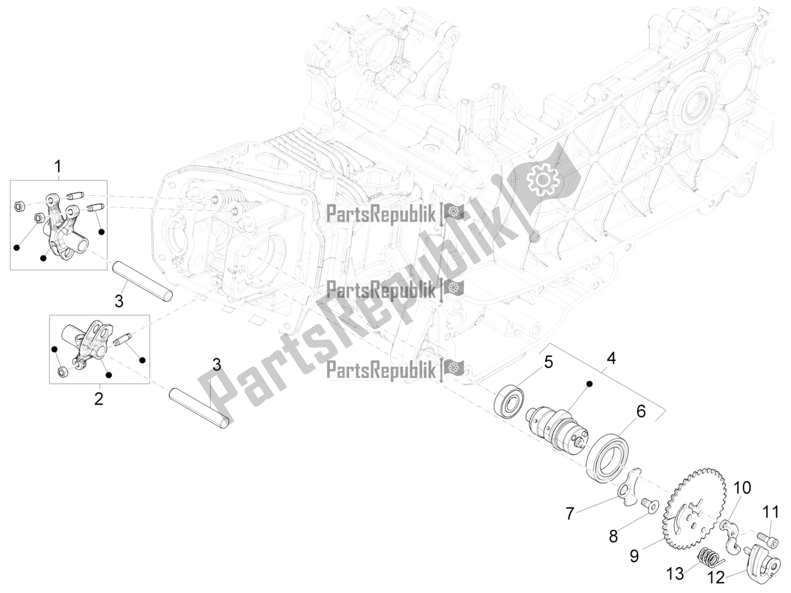 All parts for the Rocking Levers Support Unit of the Piaggio FLY 150 3V IE 2018