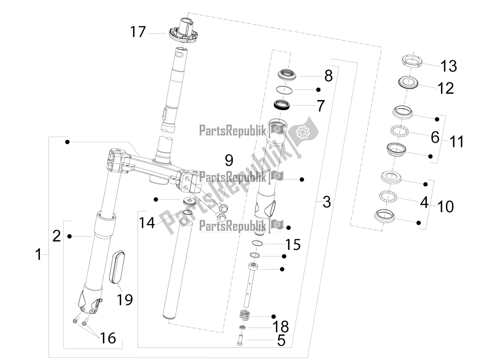 Toutes les pièces pour le Fourche / Tube De Direction - Palier De Direction du Piaggio FLY 150 3V IE 2019