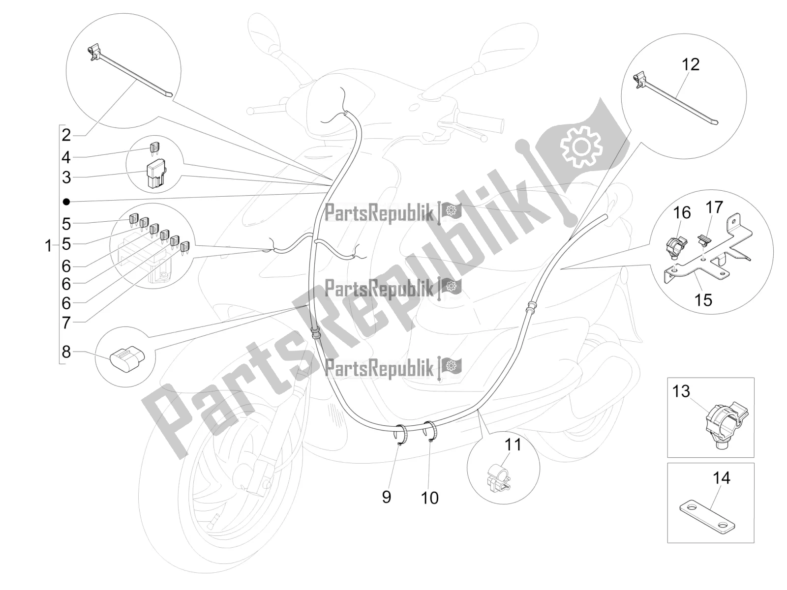 All parts for the Main Cable Harness of the Piaggio FLY 150 3V IE 2019