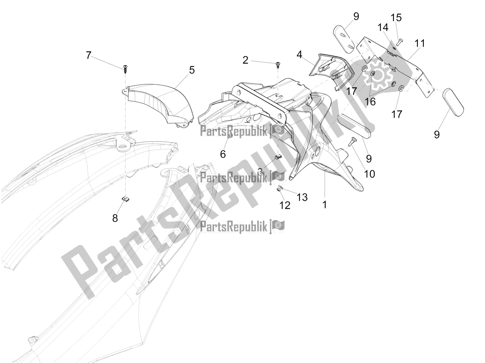 Toutes les pièces pour le Capot Arrière - Protection Contre Les éclaboussures du Piaggio FLY 150 3V IE 2019