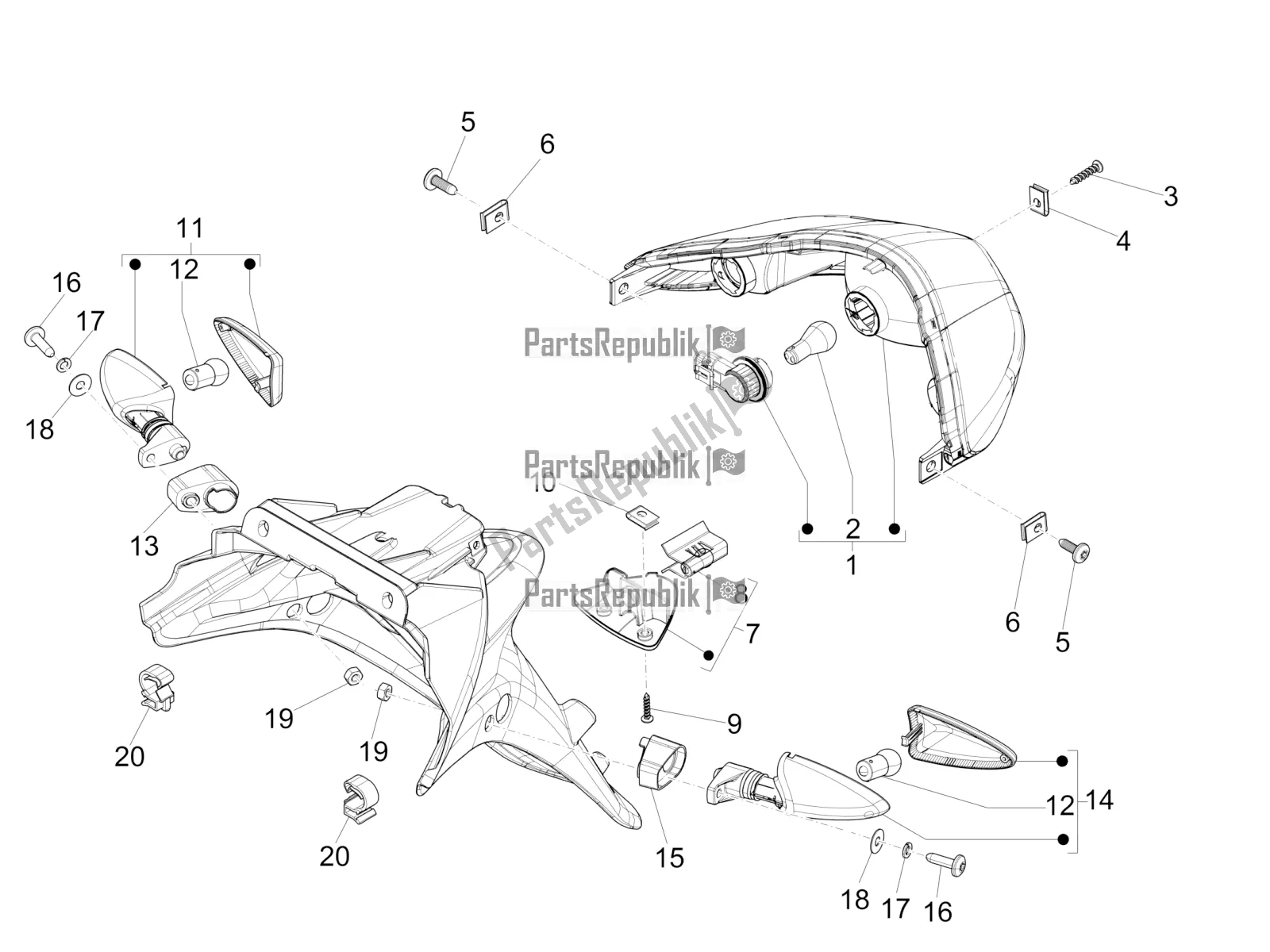 Toutes les pièces pour le Phares Arrière - Clignotants du Piaggio FLY 150 3V IE 2019