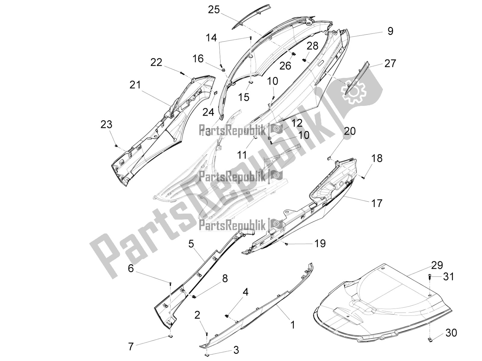 Toutes les pièces pour le Couvercle Latéral - Spoiler du Piaggio FLY 150 3V IE 2019