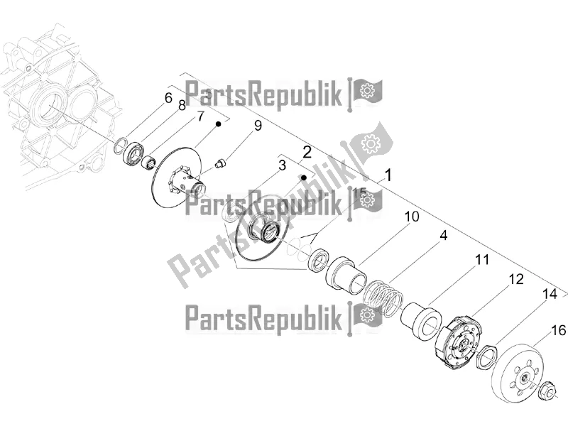 All parts for the Driven Pulley of the Piaggio FLY 50 4T 2V 2016