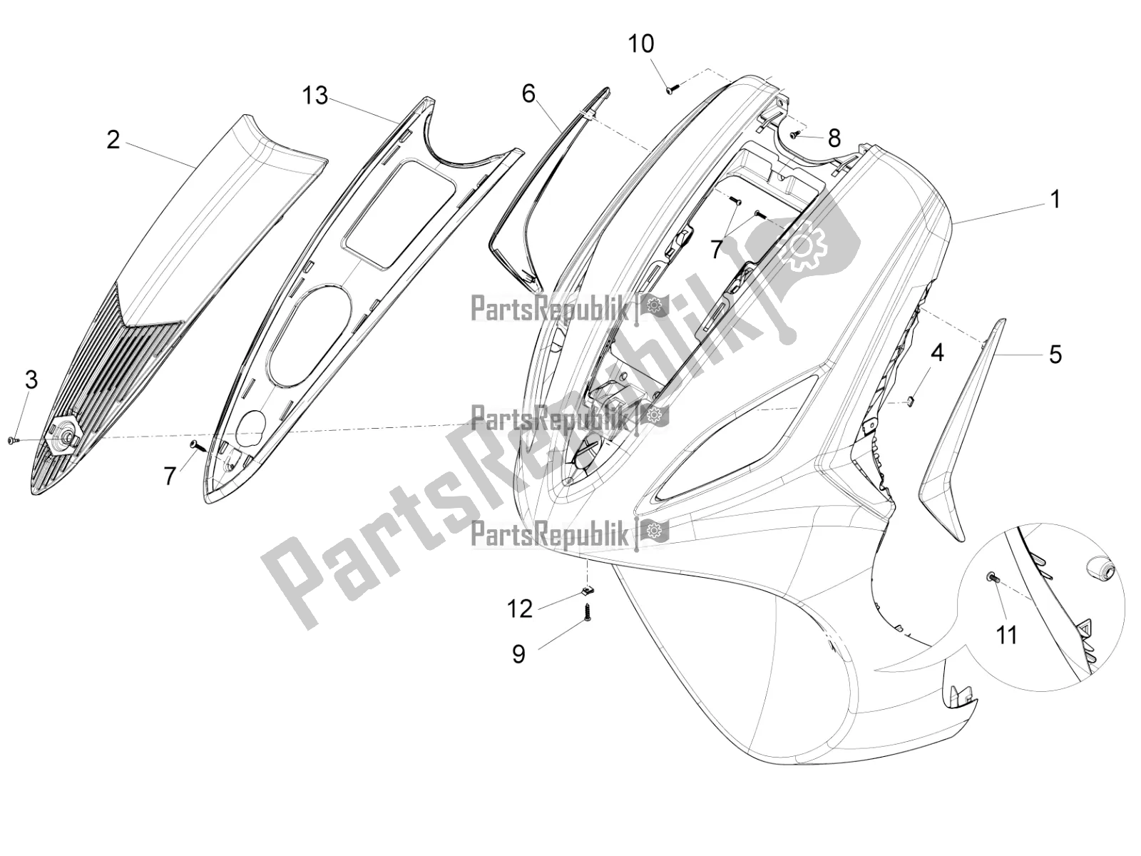 All parts for the Front Shield of the Piaggio FLY 50 4T 2V 2017