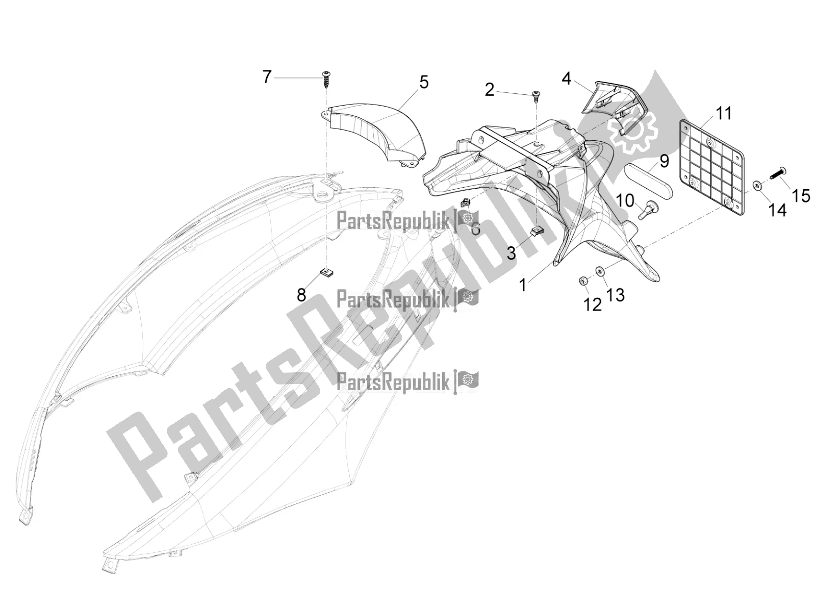 Toutes les pièces pour le Capot Arrière - Protection Contre Les éclaboussures du Piaggio FLY 50 4T 4V 2018