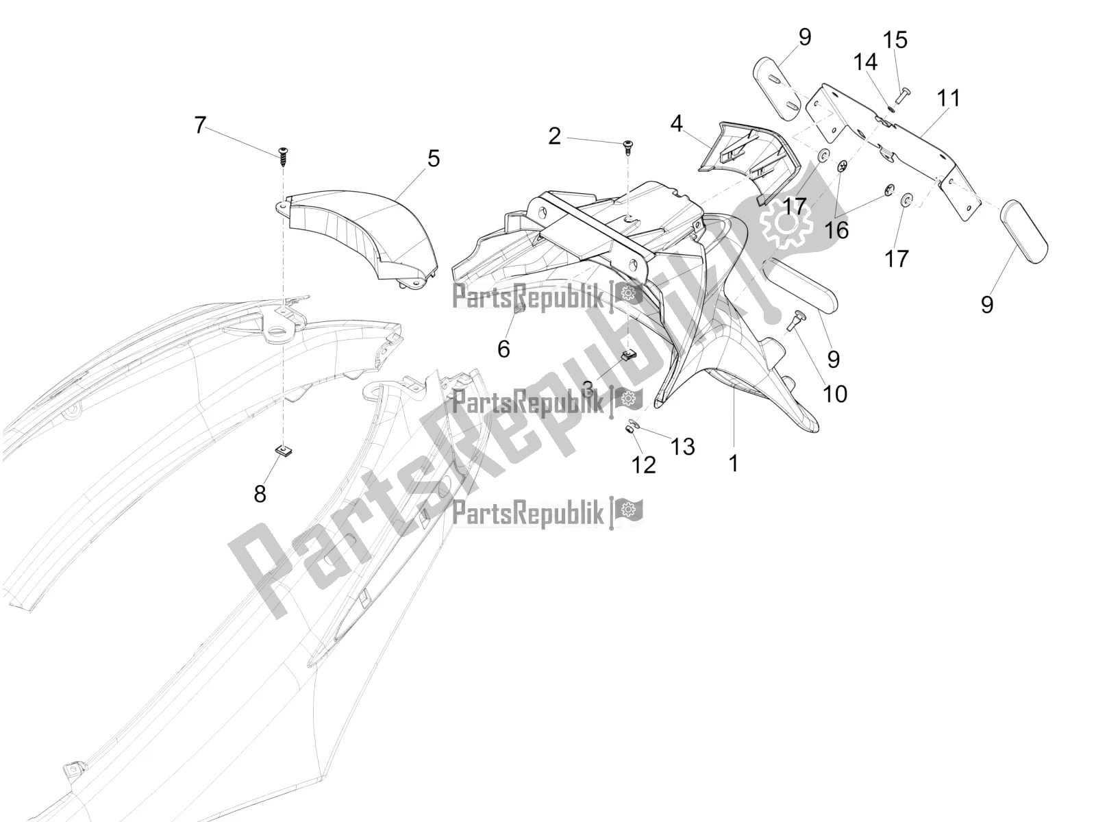 Todas las partes para Cubierta Trasera - Protector Contra Salpicaduras de Piaggio FLY 50 4T 4V USA 2017