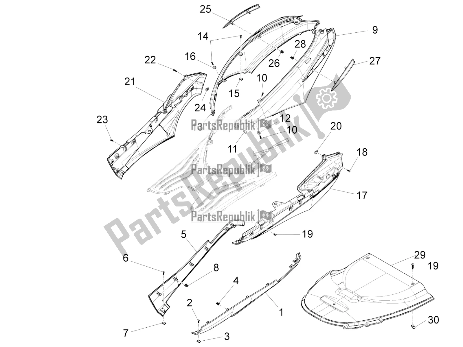 Toutes les pièces pour le Couvercle Latéral - Spoiler du Piaggio FLY 50 4T 4V USA 2017