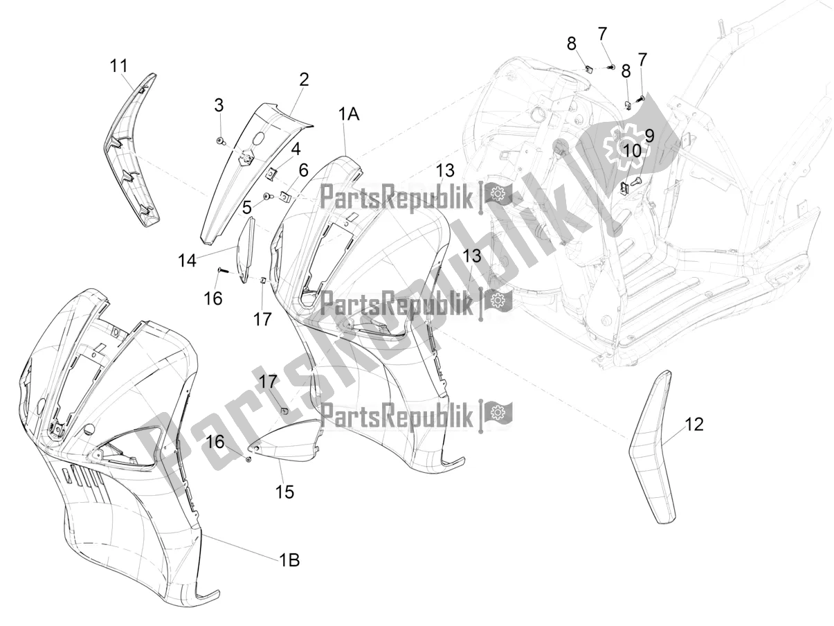 All parts for the Front Shield of the Piaggio Liberty 125 4T Iget Corporate E4 2017-2019 Emea 2018