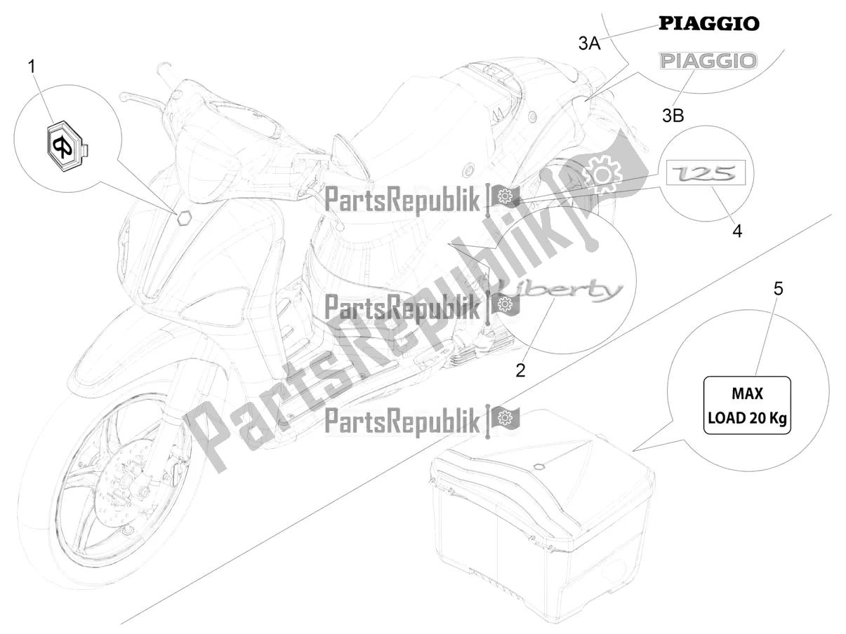 Todas as partes de Placas - Emblemas do Piaggio Liberty 125 4T Iget Corporate E4 2017-2019 Emea 2019