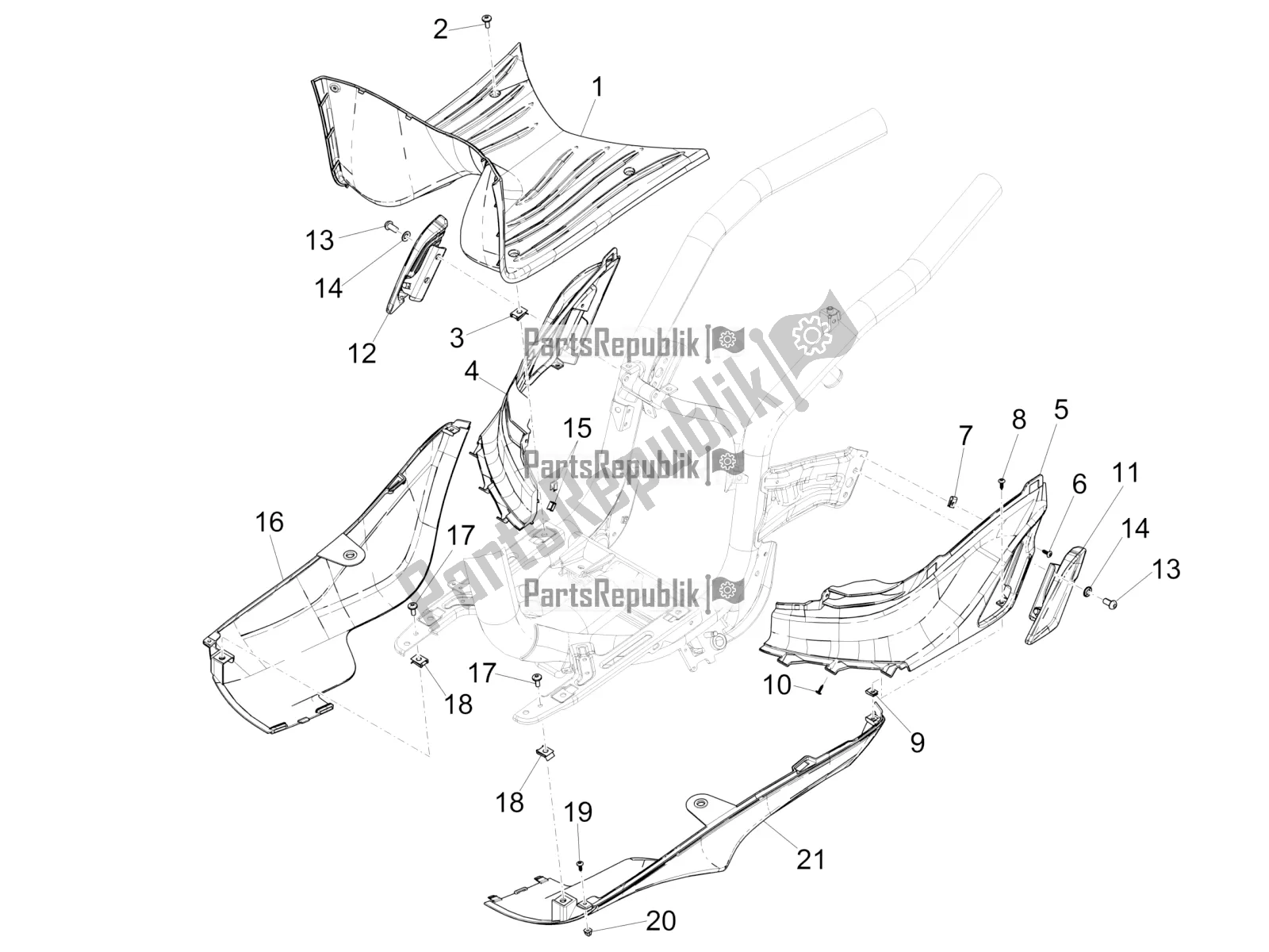 All parts for the Central Cover - Footrests of the Piaggio Liberty 125 Iget 4T 3V IE ABS Apac 2020