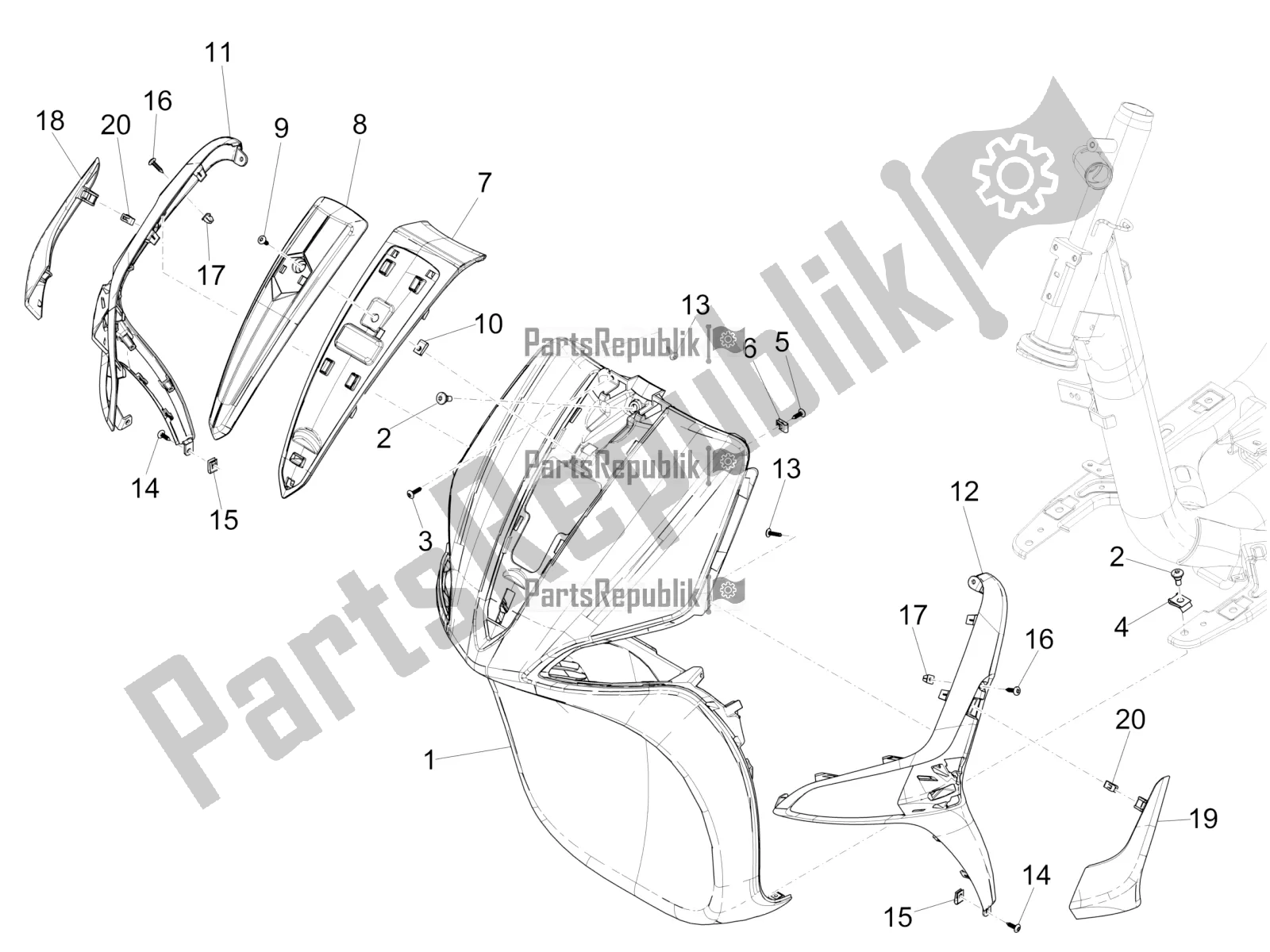 Todas as partes de Escudo Frontal do Piaggio Liberty 125 Iget 4T 3V IE ABS Apac 2020