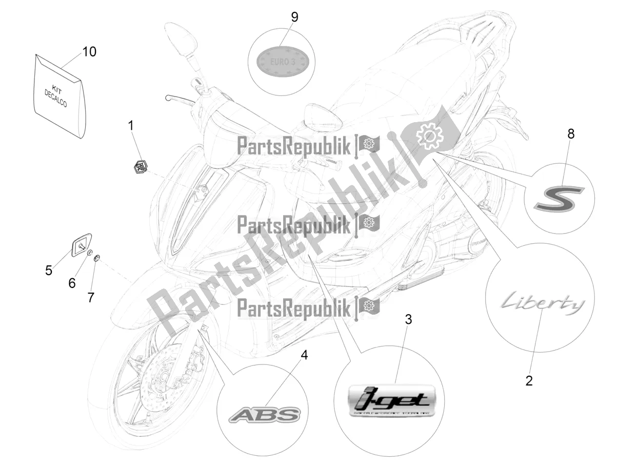 All parts for the Plates - Emblems of the Piaggio Liberty 125 Iget 4T 3V IE ABS Apac 2021