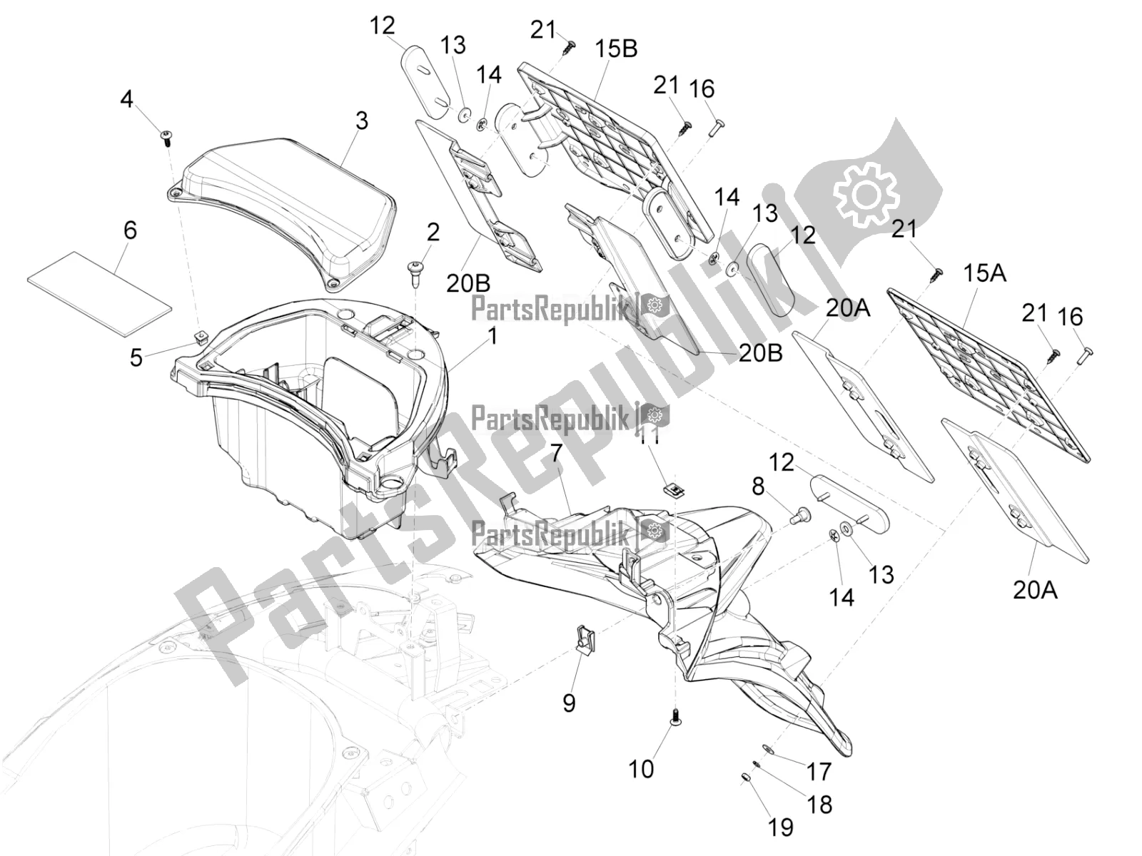 Toutes les pièces pour le Capot Arrière - Protection Contre Les éclaboussures du Piaggio Liberty 125 Iget ABS 2017