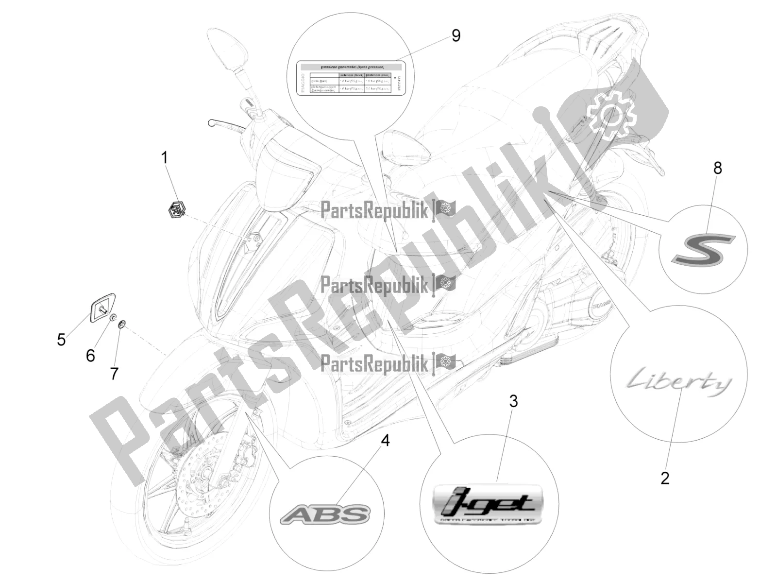 Tutte le parti per il Piatti - Emblemi del Piaggio Liberty 125 Iget ABS 2018