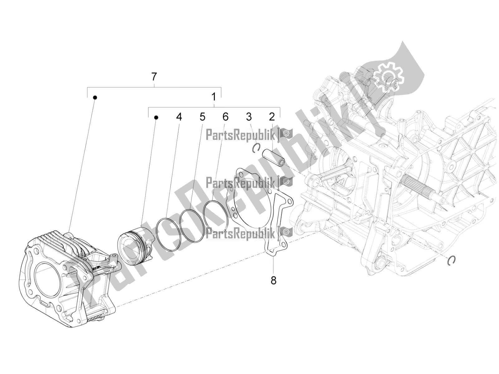 Alle onderdelen voor de Cilinder-zuiger-pols-peneenheid van de Piaggio Liberty 125 Iget ABS 2022