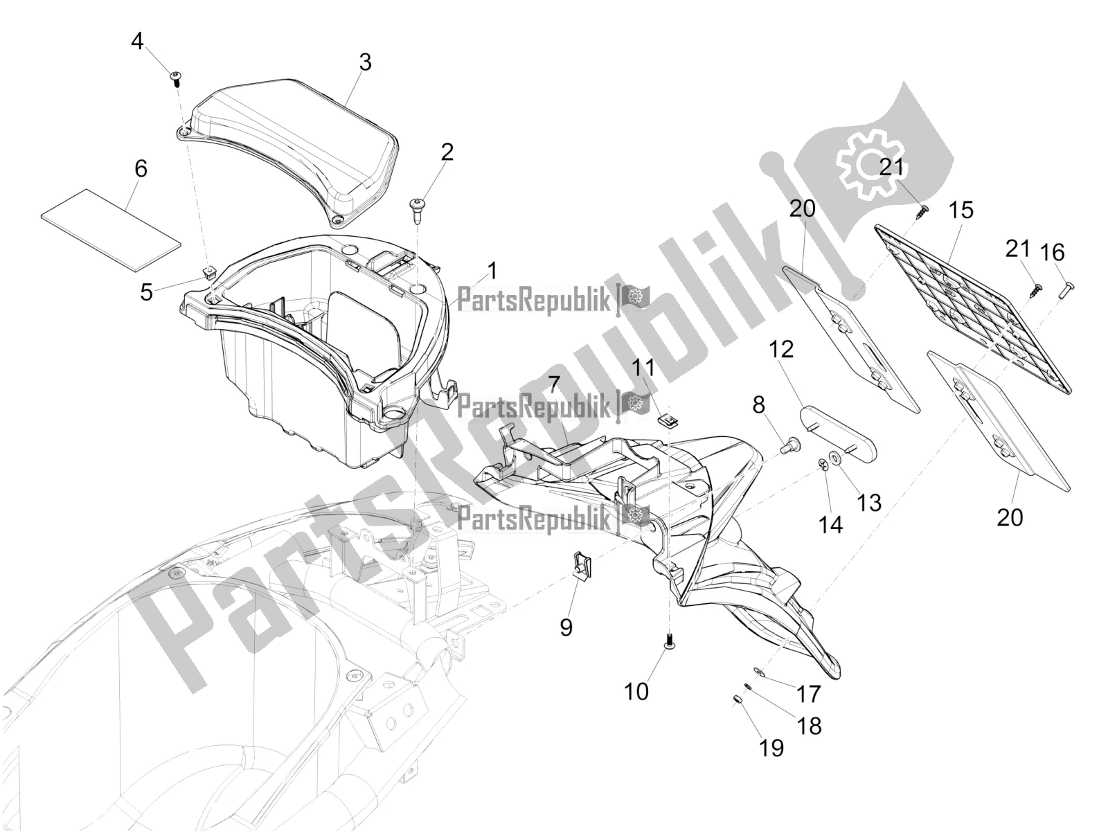 Toutes les pièces pour le Capot Arrière - Protection Contre Les éclaboussures du Piaggio Liberty 150 Iget ABS 2016