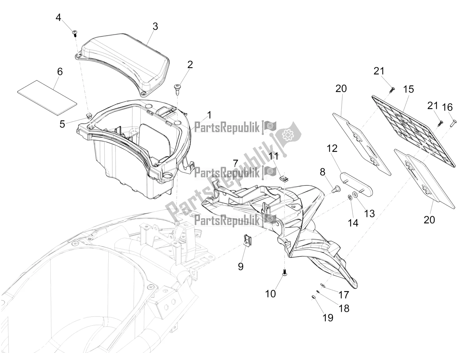 Toutes les pièces pour le Capot Arrière - Protection Contre Les éclaboussures du Piaggio Liberty 150 Iget ABS 2018