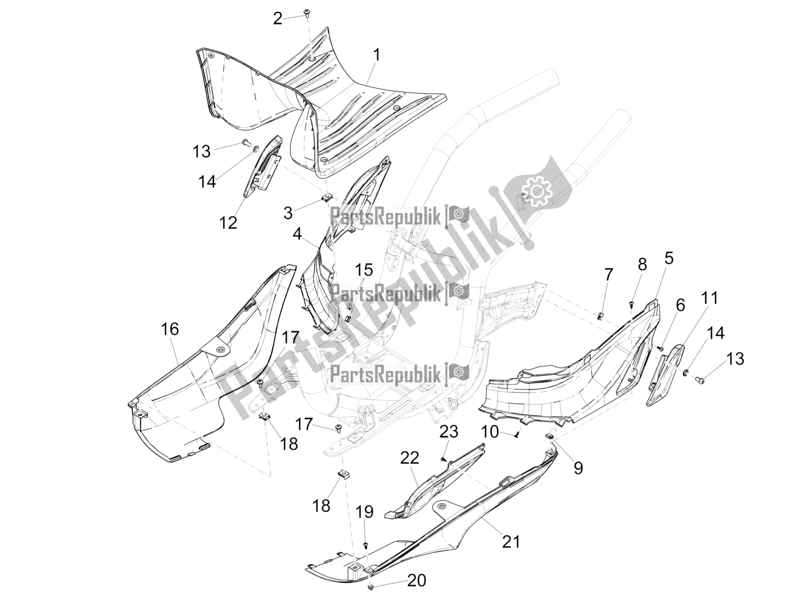 Toutes les pièces pour le Housse Centrale - Repose-pieds du Piaggio Liberty 150 Iget ABS 2019