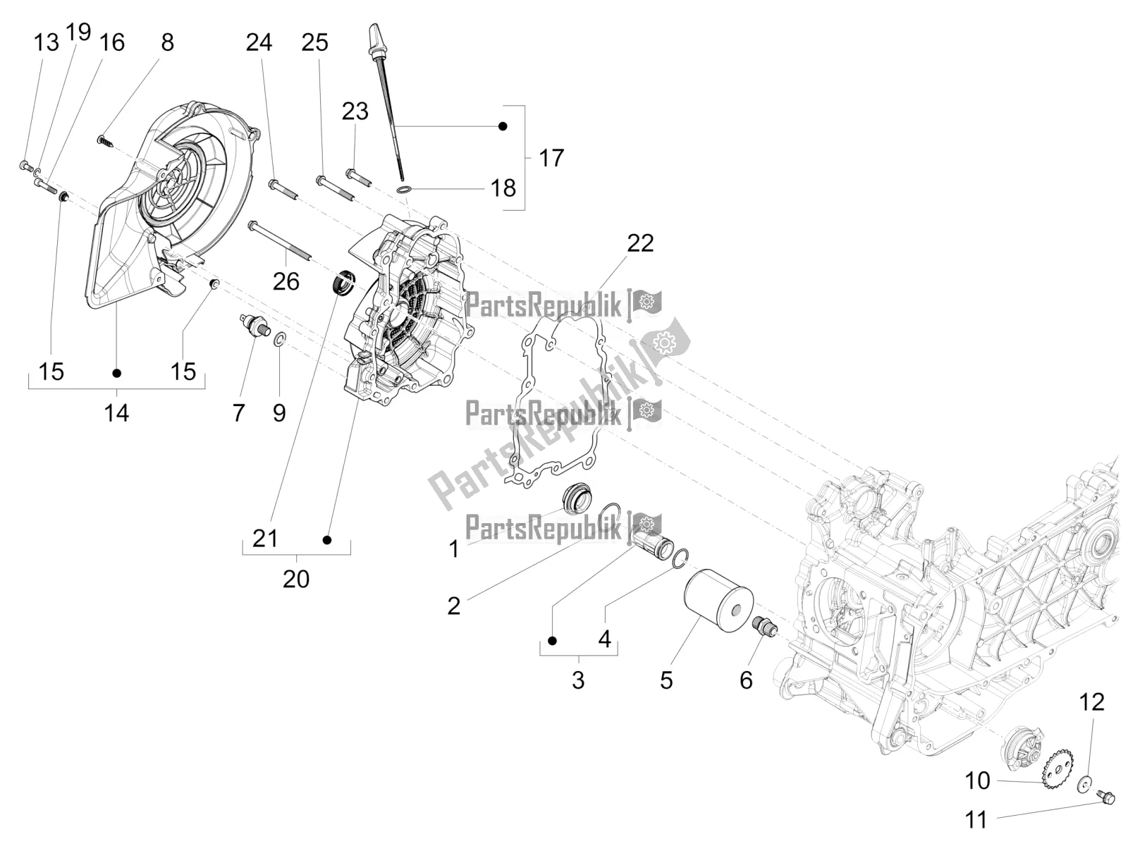 Toutes les pièces pour le Couvercle Magnéto Volant - Filtre à Huile du Piaggio Liberty 150 Iget ABS 2019