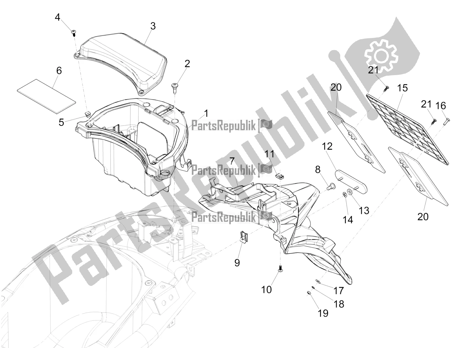 Toutes les pièces pour le Capot Arrière - Protection Contre Les éclaboussures du Piaggio Liberty 150 Iget ABS 2019