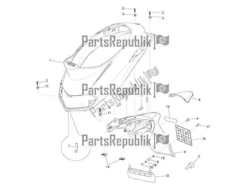 Toutes les pièces pour le Capot Arrière - Protection Contre Les éclaboussures du Piaggio Liberty 50 4T 2016