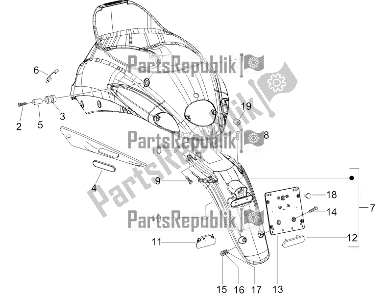 Toutes les pièces pour le Capot Arrière - Protection Contre Les éclaboussures du Piaggio Liberty 50 4T Delivery 2017