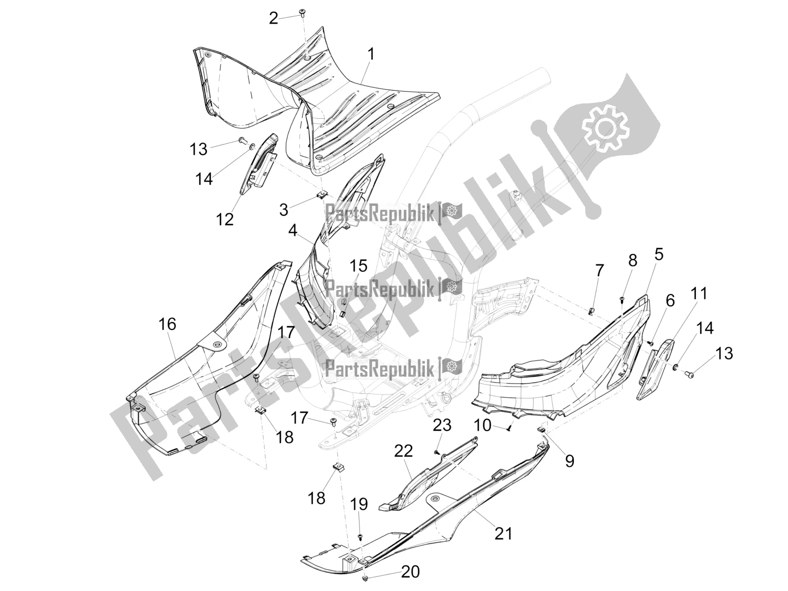 Toutes les pièces pour le Housse Centrale - Repose-pieds du Piaggio Liberty 50 Iget 4T 25 KM/H 2017