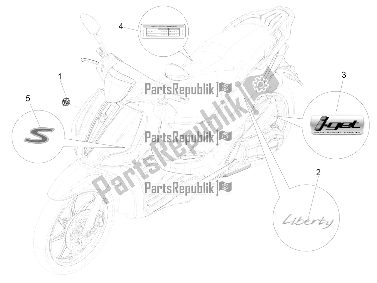 Toutes les pièces pour le Plaques - Emblèmes du Piaggio Liberty 50 Iget 4T 25 KM/H 2017