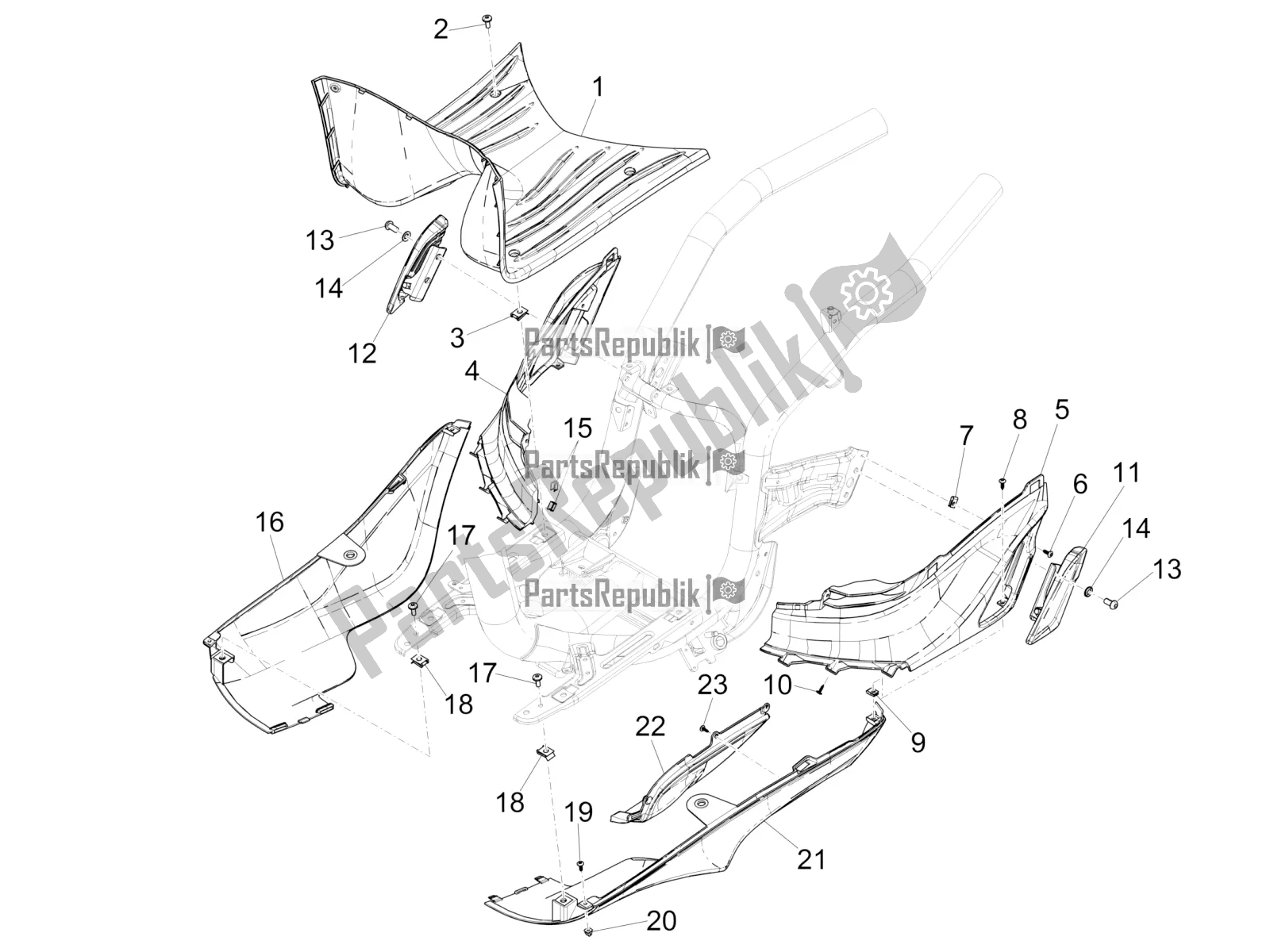 Toutes les pièces pour le Housse Centrale - Repose-pieds du Piaggio Liberty 50 Iget 4T 25 KM/H 2018