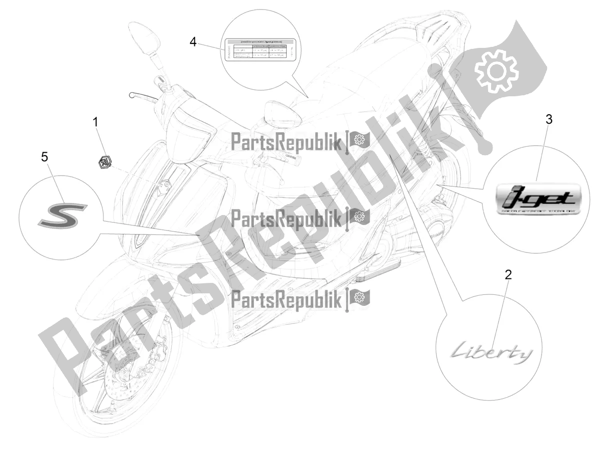 Toutes les pièces pour le Plaques - Emblèmes du Piaggio Liberty 50 Iget 4T 25 KM/H 2019