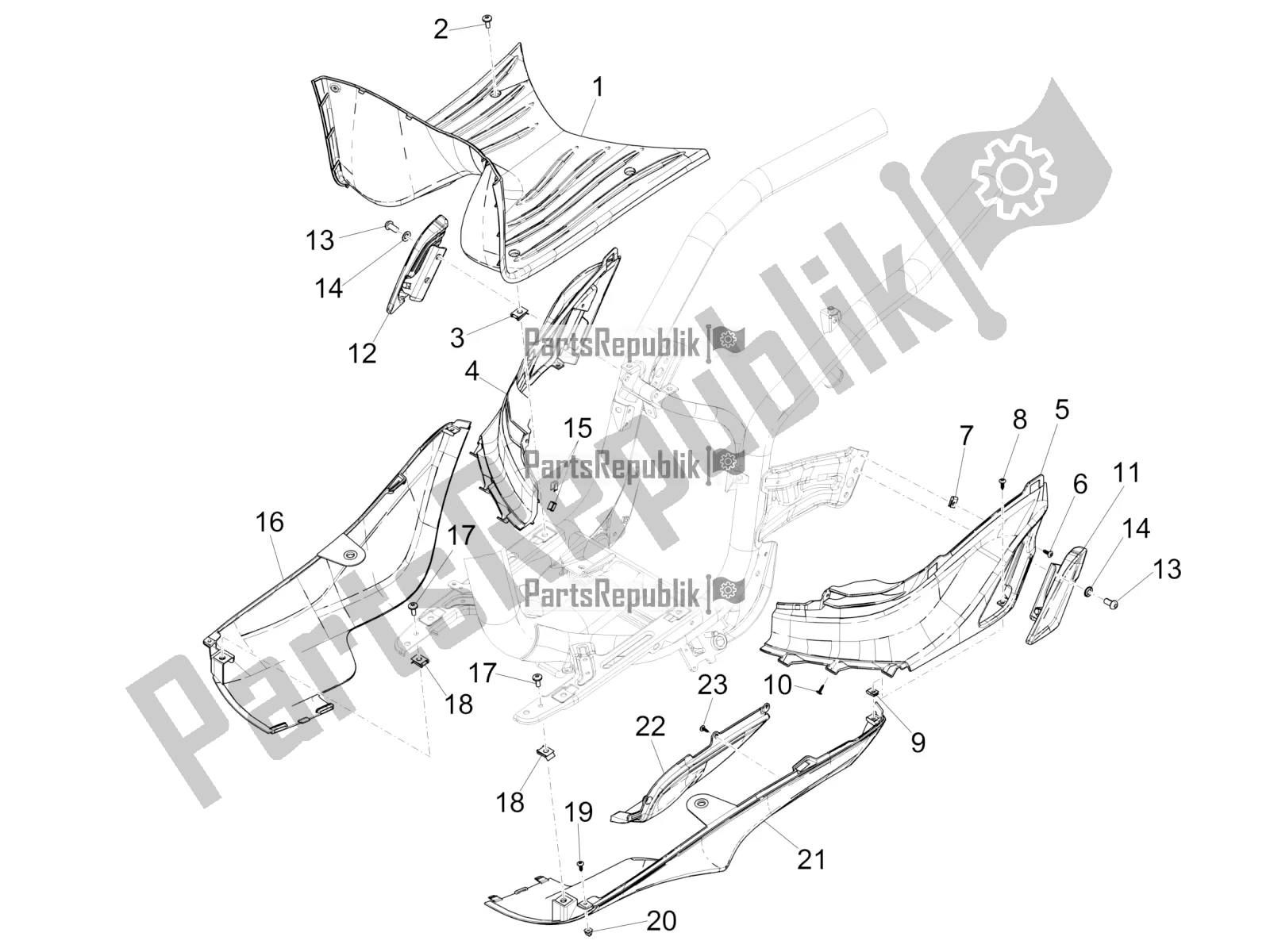 All parts for the Central Cover - Footrests of the Piaggio Liberty 50 Iget 4T 3V RP8 CA 11 2017