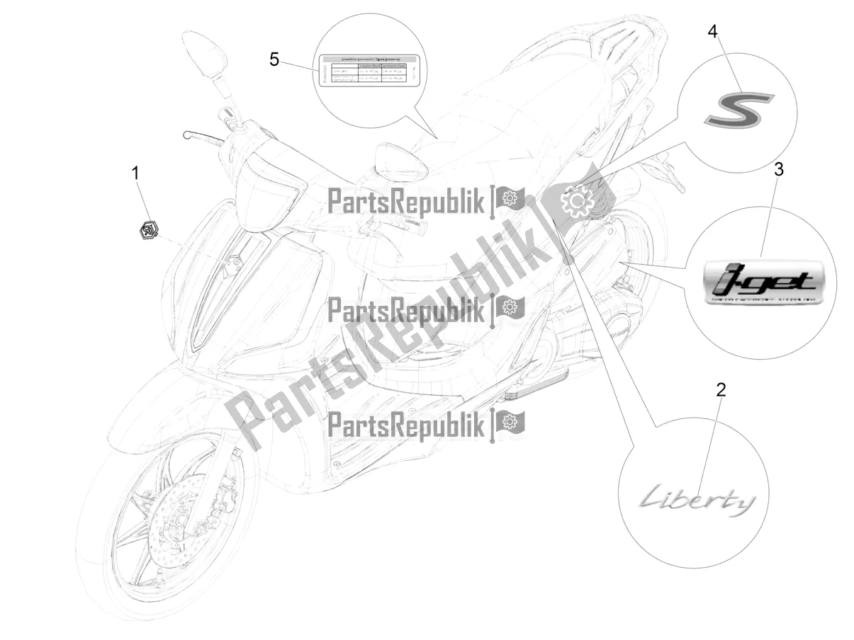 All parts for the Plates - Emblems of the Piaggio Liberty 50 Iget 4T 3V RP8 CA 11 2017