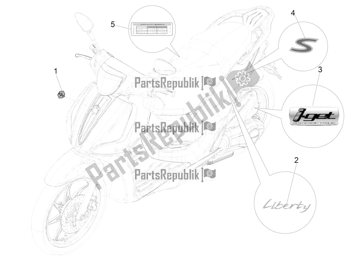 Toutes les pièces pour le Plaques - Emblèmes du Piaggio Liberty 50 Iget 4T 3V RP8 CA 11 2018