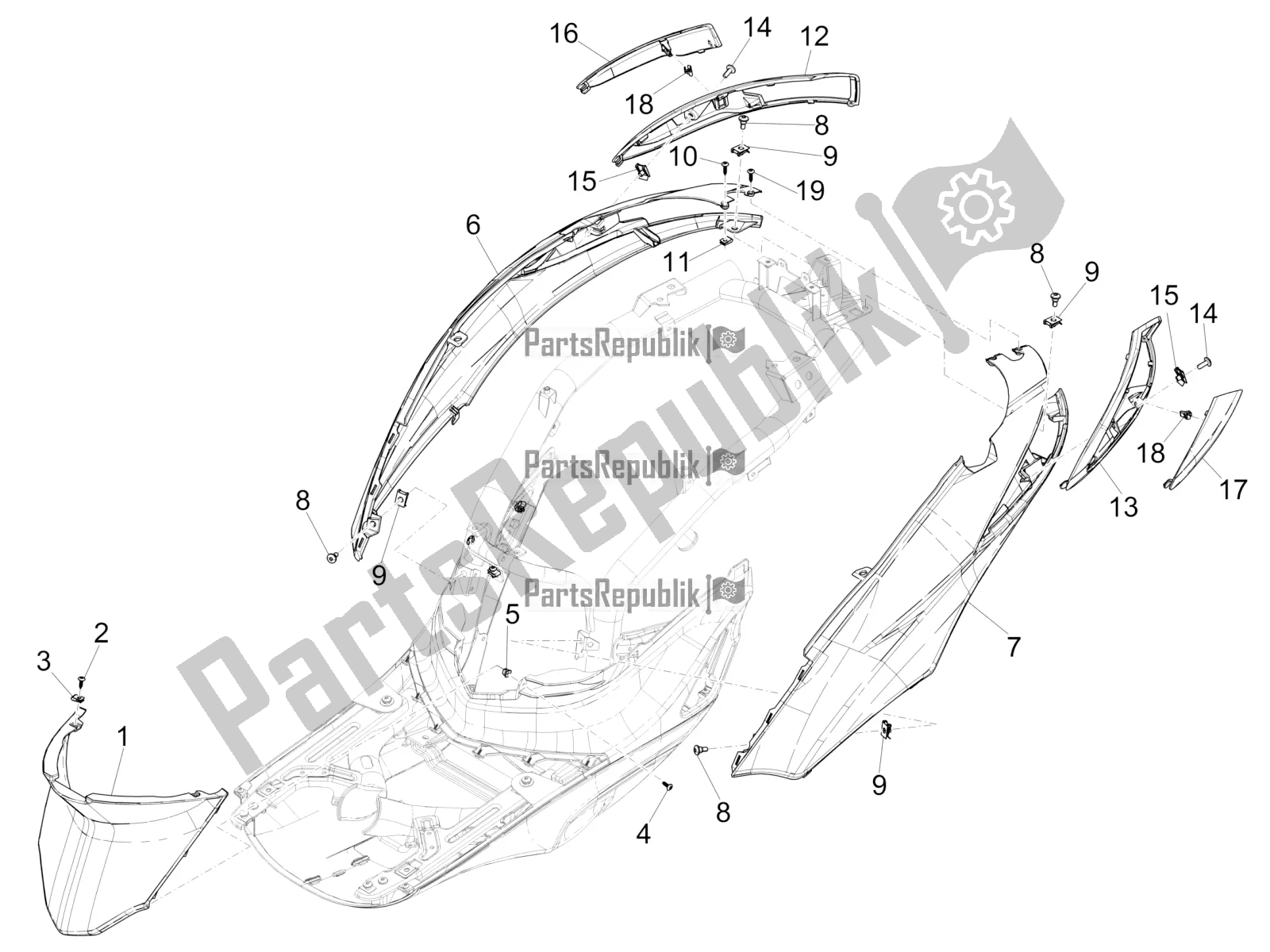 Toutes les pièces pour le Couvercle Latéral - Spoiler du Piaggio Liberty 50 Iget 4T 3V RP8 CA 11 2018