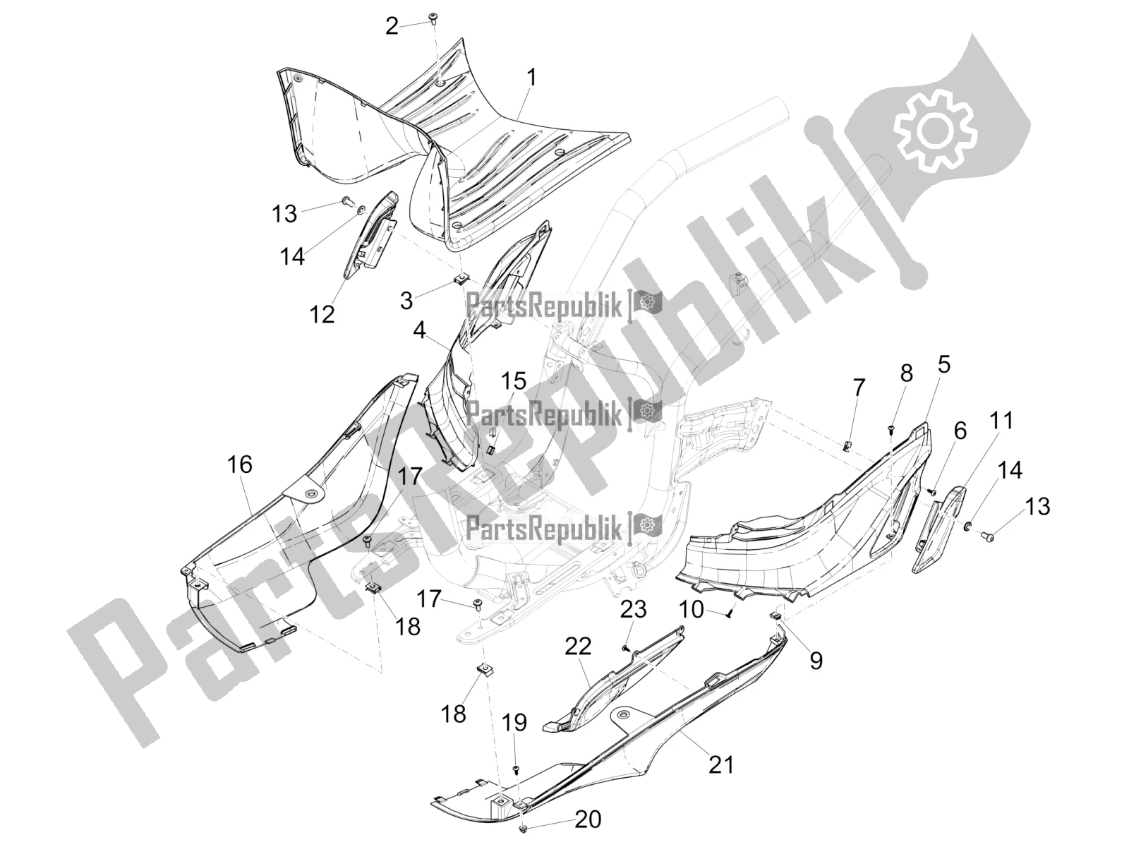 Alle onderdelen voor de Centrale Afdekking - Voetsteunen van de Piaggio Liberty 50 Iget 4T 3V RP8 CA 11 2019