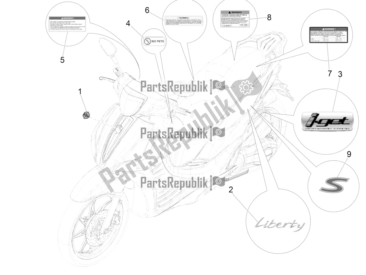 Toutes les pièces pour le Plaques - Emblèmes du Piaggio Liberty 50 Iget 4T 3V Zapc 546 2019