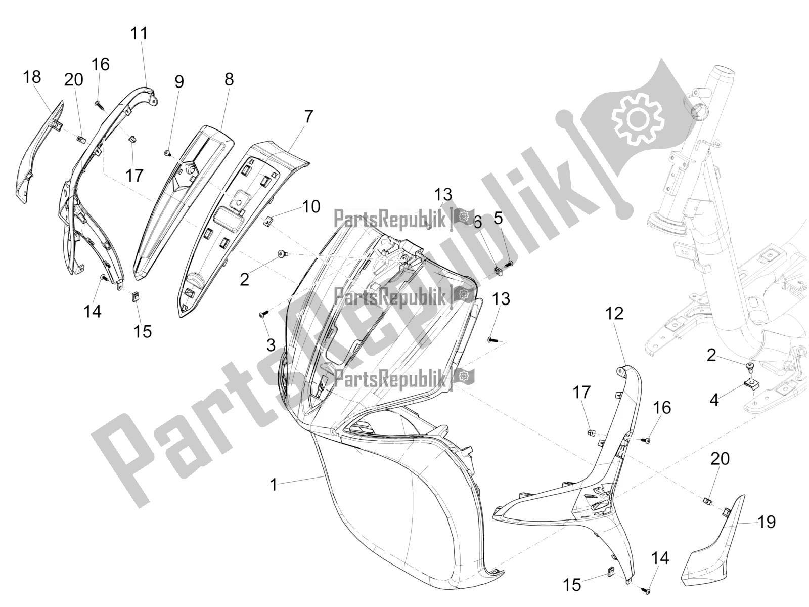 All parts for the Front Shield of the Piaggio Liberty 50 Iget 4T 2020