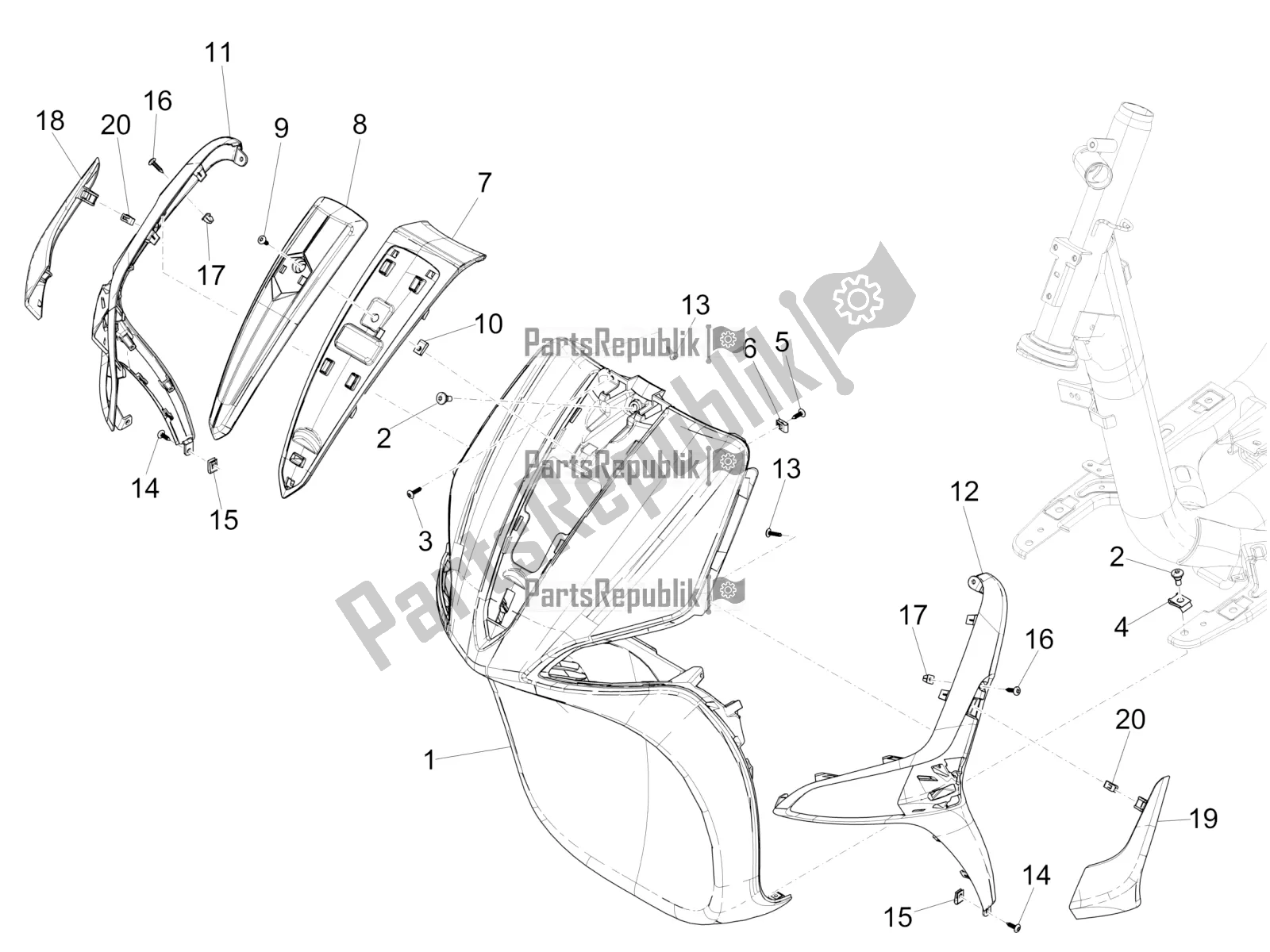 All parts for the Front Shield of the Piaggio Liberty 50 Iget 4T 2021