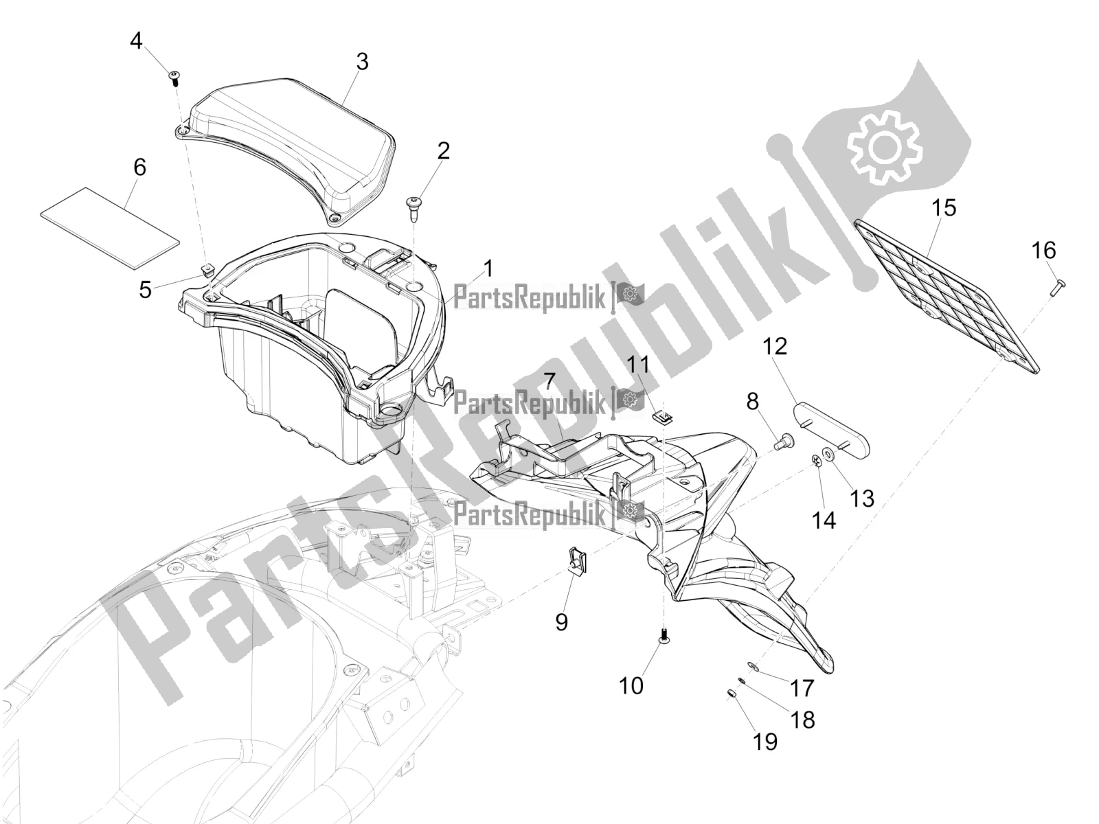 Toutes les pièces pour le Capot Arrière - Protection Contre Les éclaboussures du Piaggio Liberty 50 Iget 4T 2021